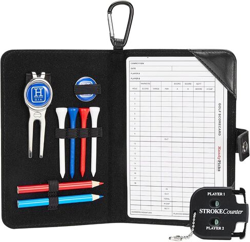Handy Picks Golf Scorecard Holder n Yardage Book Cover in Genuine Leather - Divot Repair Tool, Ball Marker, Golf Tees, Pencil n Scorecards, Scorer Included, Gift for Golfers in Saudi Arabia