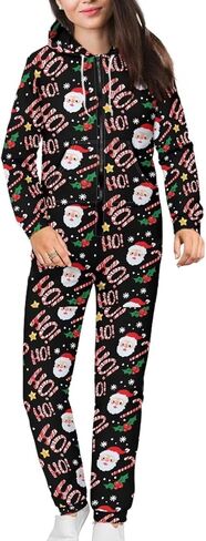 Yewattles Unisex Onesie Novelty Printed One-piece Pajamas Women Men Hooded Jumpsuits Adult Nightwear Romper Holiday Pjs in Kuwait