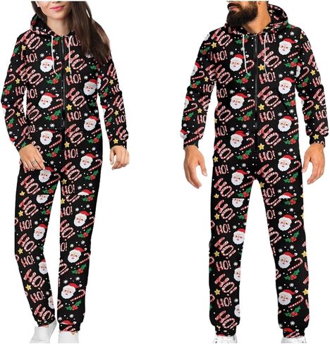 Yewattles Unisex Onesie Novelty Printed One-piece Pajamas Women Men Hooded Jumpsuits Adult Nightwear Romper Holiday Pjs in Kuwait