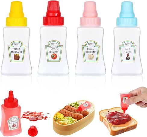 4PCs Mini Ketchup Bottles, 25 ml Condiment Squeeze Bottles Mini with Sturdy Screw Cap, Portable Soy Honey Sauce Salad Dressing Dispensers Containers Small Sauce Containers for Adult Lunch Box in Saudi Arabia