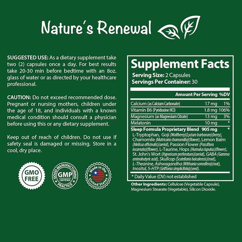 مكمل النوم الطبيعي من Nature's Renewal - الميلاتونين، وجذور الناردين، والأشواغاندا، والمغنيسيوم، والبابونج، ومساعد النوم العشبي المثلي ليلاً للبالغين - 60 كبسولة in Saudi Arabia