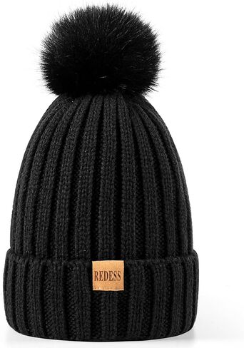 REDESS Womens Winter Knitted Beanie Hat Warm Fleece Lined with Pompom Cap Thick Slouchy Snow Knit Skull Ski Cap in Kuwait