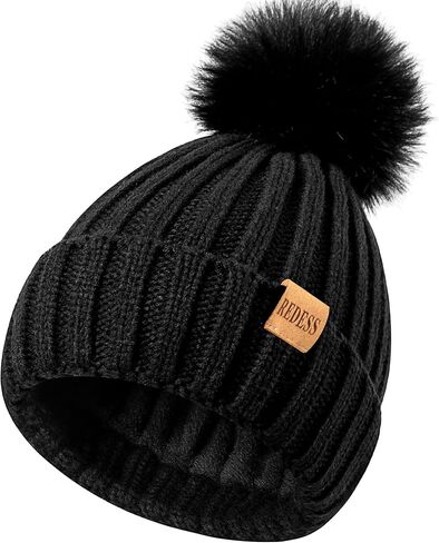 REDESS Womens Winter Knitted Beanie Hat Warm Fleece Lined with Pompom Cap Thick Slouchy Snow Knit Skull Ski Cap in Kuwait
