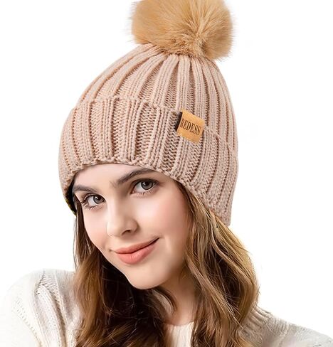 REDESS Womens Winter Knitted Beanie Hat Warm Fleece Lined with Pompom Cap Thick Slouchy Snow Knit Skull Ski Cap in Kuwait