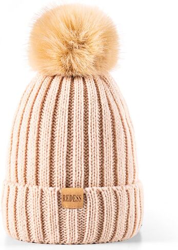 REDESS Womens Winter Knitted Beanie Hat Warm Fleece Lined with Pompom Cap Thick Slouchy Snow Knit Skull Ski Cap in Kuwait
