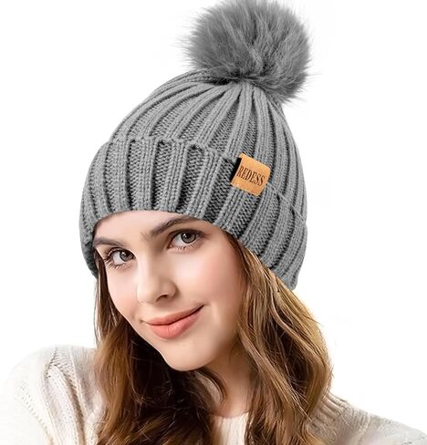 REDESS Womens Winter Knitted Beanie Hat Warm Fleece Lined with Pompom Cap Thick Slouchy Snow Knit Skull Ski Cap in Kuwait