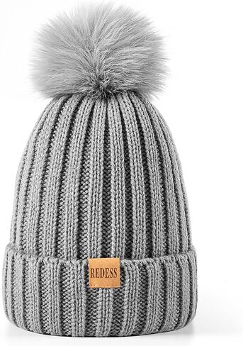 REDESS Womens Winter Knitted Beanie Hat Warm Fleece Lined with Pompom Cap Thick Slouchy Snow Knit Skull Ski Cap in Kuwait