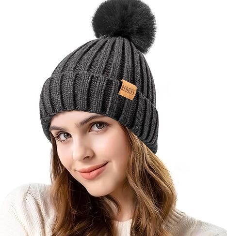 REDESS Womens Winter Knitted Beanie Hat Warm Fleece Lined with Pompom Cap Thick Slouchy Snow Knit Skull Ski Cap in Kuwait