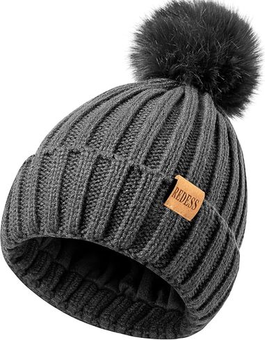 REDESS Womens Winter Knitted Beanie Hat Warm Fleece Lined with Pompom Cap Thick Slouchy Snow Knit Skull Ski Cap in Kuwait