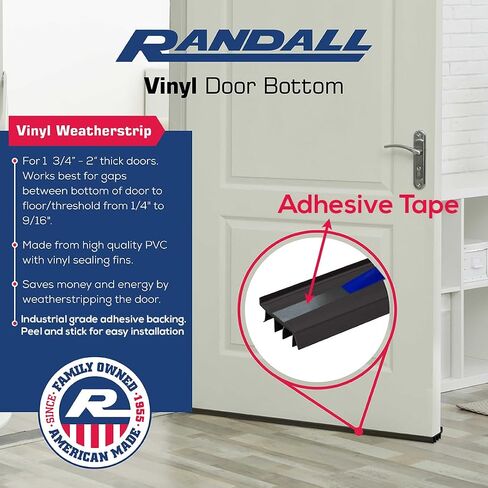 Randall Manufacturing Co., Inc | Vinyl Door Bottom | Vinyl Weatherstrip | 4 Feet Long | Brown | for 1 3/4" to 2" Thick Doors | Fits Gaps from 1/4" to 9/16" | Made in The USA in Saudi Arabia