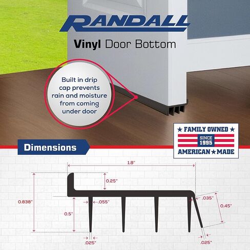 Randall Manufacturing Co., Inc | Vinyl Door Bottom | Vinyl Weatherstrip | 4 Feet Long | Brown | for 1 3/4" to 2" Thick Doors | Fits Gaps from 1/4" to 9/16" | Made in The USA in Saudi Arabia