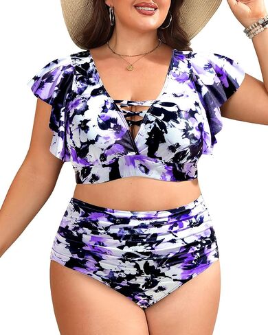 Plus Size Bikini Two Piece Swimsuit - Women High Waisted Tummy Control Bathing Suit with Sleeve Swimwear 2025 in Saudi Arabia