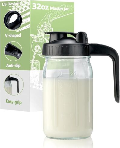 إبريق زجاجي سعة 32 أونصة مع غطاء وفوهة صب على شكل حرف V - إبريق حليب الثدي سعة 1 لتر مقاوم للتسرب مزدوج، حاوية كريمة لشاي الشمس والعصير والقهوة الباردة وحاوية تخزين حليب الثدي in Kuwait