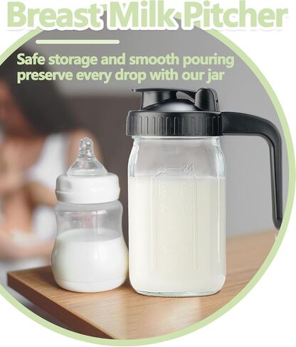 إبريق زجاجي سعة 32 أونصة مع غطاء وفوهة صب على شكل حرف V - إبريق حليب الثدي سعة 1 لتر مقاوم للتسرب مزدوج، حاوية كريمة لشاي الشمس والعصير والقهوة الباردة وحاوية تخزين حليب الثدي in Kuwait
