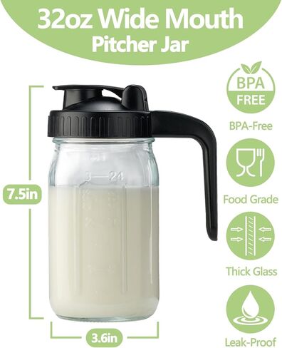 إبريق زجاجي سعة 32 أونصة مع غطاء وفوهة صب على شكل حرف V - إبريق حليب الثدي سعة 1 لتر مقاوم للتسرب مزدوج، حاوية كريمة لشاي الشمس والعصير والقهوة الباردة وحاوية تخزين حليب الثدي in Kuwait