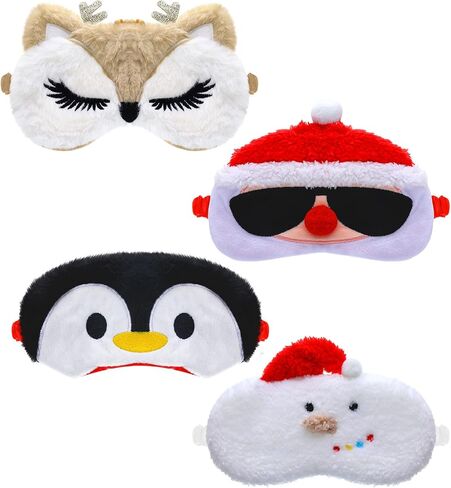4 Pcs Christmas Eye Mask Christmas Cartoon Animal Blindfold Soft Plush Eye Masks Reindeer Santa Claus Snowman Penguin Eye Cover Eye Shade for Travel Nap Night Sleeping in Saudi Arabia