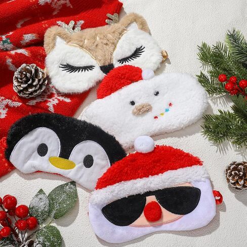 4 Pcs Christmas Eye Mask Christmas Cartoon Animal Blindfold Soft Plush Eye Masks Reindeer Santa Claus Snowman Penguin Eye Cover Eye Shade for Travel Nap Night Sleeping in Saudi Arabia