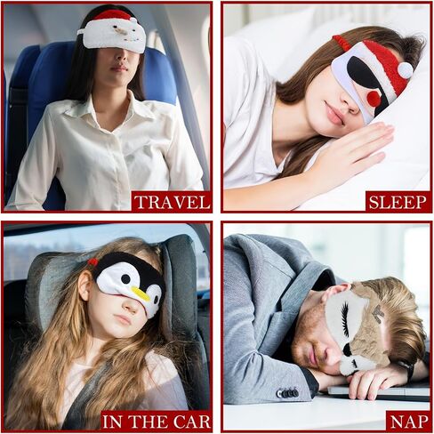 4 Pcs Christmas Eye Mask Christmas Cartoon Animal Blindfold Soft Plush Eye Masks Reindeer Santa Claus Snowman Penguin Eye Cover Eye Shade for Travel Nap Night Sleeping in Saudi Arabia