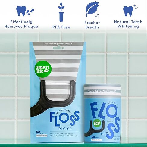 Individually Wrapped Dental Floss Picks - Biodegradable Plastic Free Flosser Handle & Packaging | Natural Toothpick Stick Soft On Gums & Teeth | Eco Friendly, Zero Waste, Organic | Unflavored, 50x in Kuwait