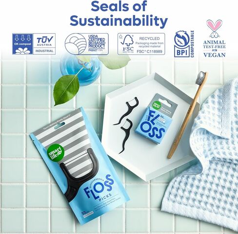 Individually Wrapped Dental Floss Picks - Biodegradable Plastic Free Flosser Handle & Packaging | Natural Toothpick Stick Soft On Gums & Teeth | Eco Friendly, Zero Waste, Organic | Unflavored, 50x in Kuwait