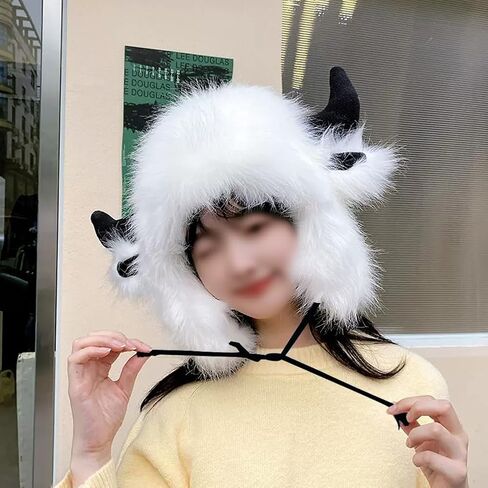 Buffalo Hat with Horns Artificial Fur Cowhorn Hat Plush Fluffy Faux Fur 2-in-1 in Kuwait