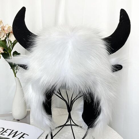 Buffalo Hat with Horns Artificial Fur Cowhorn Hat Plush Fluffy Faux Fur 2-in-1 in Kuwait