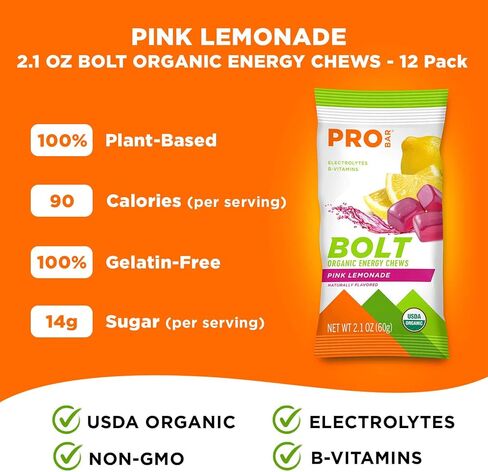 PROBAR - Bolt Organic Energy Chews, Raspberry, Non-GMO, Gluten-Free, USDA Certified Organic, Healthy, Natural Energy, Fast Fuel Gummies with Vitamins B & C (12 Count in Saudi Arabia