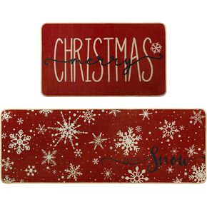 Snowflake Christmas Kitchen Mats Set of 2, Red Merry Christmas Let It Snow Winter Holiday Home Decor Kitchen Rugs for Floor 17x29 and 17x47 Inch