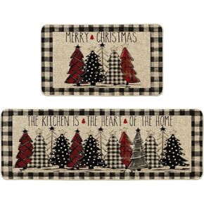 Artoid Mode Buffalo Plaid Xmas Tree Merry Christmas Kitchen Mats Set of 2, Winter Home Decor Low-Profile Kitchen Rugs for Floor - 17x29 and 17x47 Inch