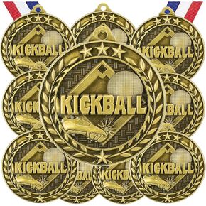 Express Medals Various 10 Pack Styles of Kickball Award Medals with Neck Ribbons Trophy Award Prize Gift