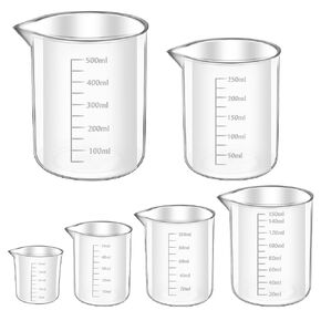 Plastic Graduated Beaker, 6 Pcs Plastic Beakers Set Clear Plastic Beakers Measuring Graduated Liquid Container Beaker in 25ml/50ml/100ml/150ml/250ml/500ml for Laboratory Science Chemistry Experiment