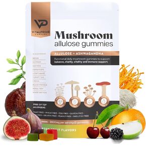 Sugar Free Ashwagandha & Lion's Mane Mushroom Gummies Supplement - 80 Gummies - Allulose, Low Carb, Keto, Vegan, Immune Support, Clarity. Assorted Fruit Flavors.