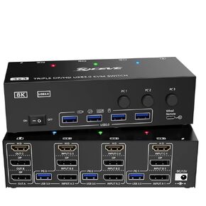 8K DisplayPort KVM Switch 2 شاشات 4 أجهزة كمبيوتر، شاشة NAWEN المزدوجة USB 3.0 DP KVM Switcher، دعم 8K@60 هرتز، 4k@144 هرتز، لشاشتين مشاركة الكمبيوتر 4، جهاز تحكم عن بعد سلكي وكابلات USB متضمنة