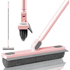KZKR Floor Scrub Brush with Squeegee,Grout Brush with Telescopic Long Handle,V-Shape Floor Scrubber Brush with Scrape Stiff Bristle Shower Tile Grout Cleaning Tool for Kitchen Bathroom Baseboard Deck