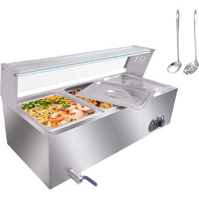6-Pan Commercial Food Warmer, 72 Qt Electric Steam Table, Stainless Steel Bain Marie with Tempered Glass Cover, 1500W Countertop Food Warmer 86-185°F Temp Control for Catering, Restaurant, Silver