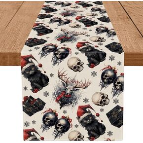 Gothic Decor Christmas Table Runner Black Cat Skeleton Snowflake Winter Xmas Kitchen Dining Home Room Vintage Decorations Christmas Party Supplies 13x72 Inch