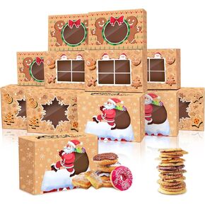 DeckTheHalls 12 PCS Cookie Boxes with Window, Holiday Cookie Boxes for Present Giving, Xmas Bakery, Pastry, Dessert, Mini Cake, Cupcakes, Brownies, Donuts,Pie Treat Boxes, Auto-Popup Containers