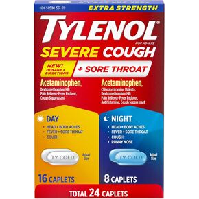 Tylenol Extra Strength Severe Cough + Sore Throat Day & Night Caplets, Combo Pack for Powerful Multi-Symptom Relief for Painful Sore Throat & Cough, Acetaminophen Pain Reliever, 24 ct