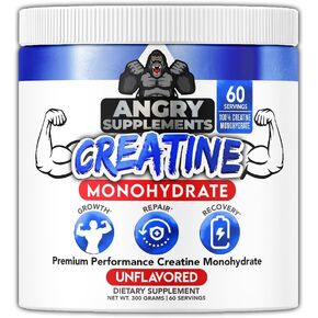 Angry Supplements Creatine Monohydrate 200 Mesh Premium Performance Unflavored Powder Creatina - Pure Muscle Fuel for Strength and Workout Endurance for Men and Women (300 Grams, 60 Servings)