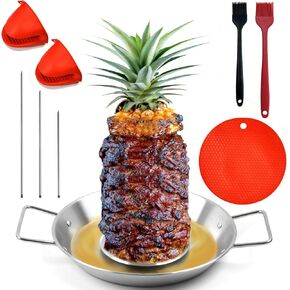 Al Pastor Skewer for Grill, Stainless Steel Vertical Stand, Brazilian Spit Stand with removable 3 Spikes, 2 Brushes, Anti-scalding Fittings, Fat Separator Tray, for Tacos Al Pastor, BBQ.