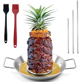 Al Pastor Skewer for Grill, Stainless Steel Vertical Skewer, Brazilian Spit Stand with 3 Spikes,2 Brushes,Ideal for Tacos Al Pastor,Shawarma, Kebabs on Smoker, Oven,with Fat Separator Tray.