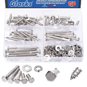Glarks 201Pcs 1/4" 5/16" 3/8" 304 Stainless Steel Hex Lag Screws Assortment Kit Hex Lag Bolts with Flat Washers and Lock Washers Set for Fixing Metal, Wood, Plastic Materials