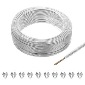 MECCANIXITY 3.5mm (9/64 inch) Green Vinyl Coated Wire Rope, 100m /328ft Galvanized Steel Cable Wire Rope with 10PCS M5 Loop Sleeves for String Light Hanging, Deck Railing, Garden Wire