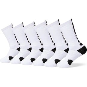 VNG Premium Athletic Crew Socks for Men Sizes 6-13, 6 Pairs Mid-Calf, Cushioned Sport Socks for Basketball, Football, Baseball, Running, Hiking in White with Black Trim