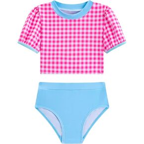 LIZENS Girls' Swimwear Two Piece Scoop Neck Short Sleeve Pull Sleeve Pink Plaid Beach Bathing Suit for Kids