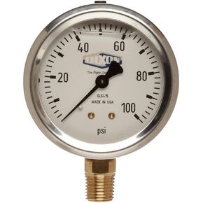 Dixon Valve & Coupling GLS415 Stainless Steel Case Liquid Filled Gauge with White Aluminum Dial, 2 Minor Gradient, 0-100 PSI Maximum Pressure, 1/4" Lower Mount, 2-1/2" Face