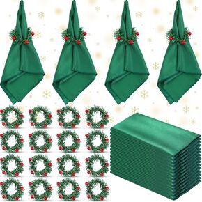 40 قطعة مناديل عيد الميلاد وحلقة مجموعة مناديل قماش خضراء قابلة للغسل 20 قطعة من حلقات منديل عيد الميلاد 20 قطعة مناديل عيد الميلاد من القماش حامل مناديل التوت الأحمر لإعداد طاولة عشاء عيد الميلاد in Kuwait