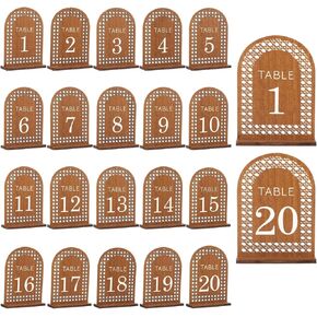 20 PCS Wooden Wedding Table Numbers 1-20 With Stand，Arch Wedding Table Numbers Plates with Wooden Base, Wooden Wedding Signs for Table Banquet Restaurant Wedding Party Decor