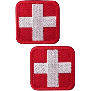 2PCS Medic Patches, PVC Red Corss First Aid Hook & Loop Patch Full Embroidery EMT EMS Badge, Black