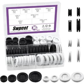 Swpeet 76Pcs 4 Sizes 5/8" 13/16" 1" 1-3/16" Black/White Double Sided Rubber Grommet Kit, Round Rubber Plug Hole Grommets Firewall Solid Closed Hole Plug Rubber Gasket for Auto Car Wire Cable